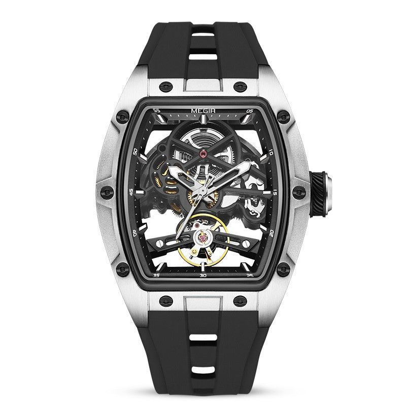 Luxury skeleton mechanical watch for men with visible automatic movement
