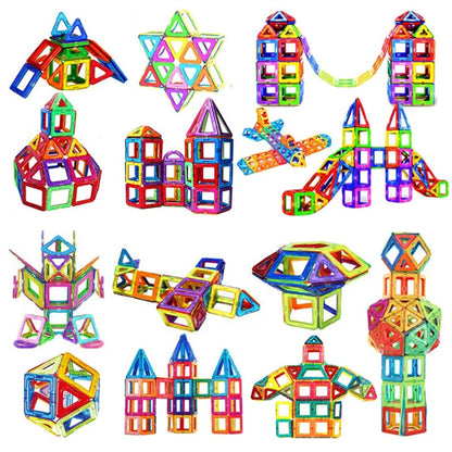 Colorful magnetic building blocks arranged in various shapes on a white background