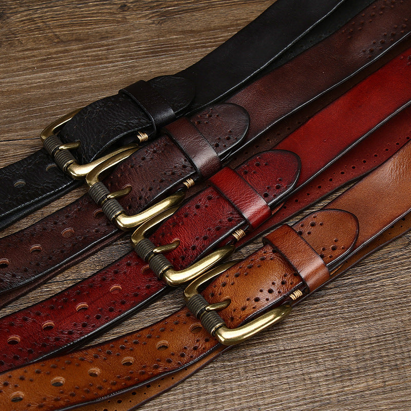 Premium Hollowed-Out Cowhide Leather Belt - Genuine First-Layer Leather