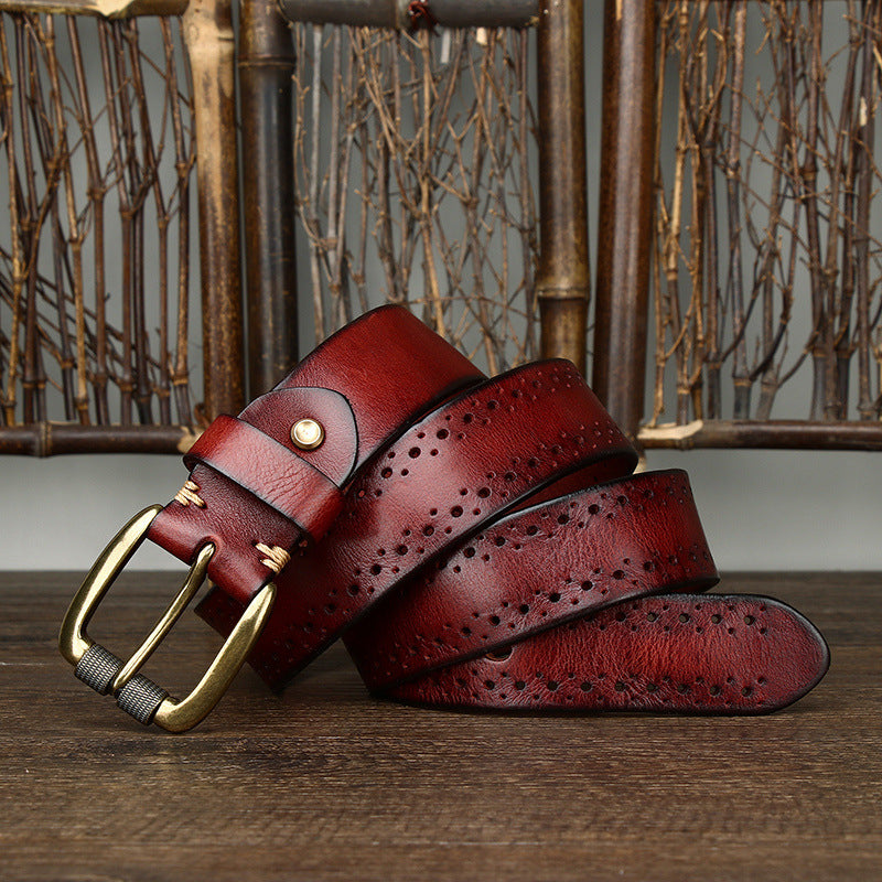 Premium Hollowed-Out Cowhide Leather Belt - Genuine First-Layer Leather