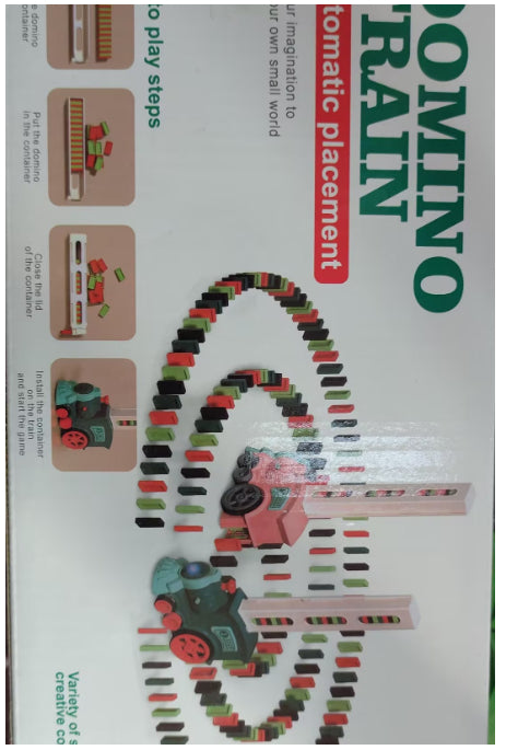 "Domino train toy package showing all pieces and storage container"