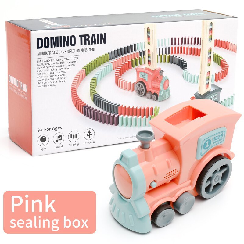 "Domino train toy package showing all pieces and storage container"