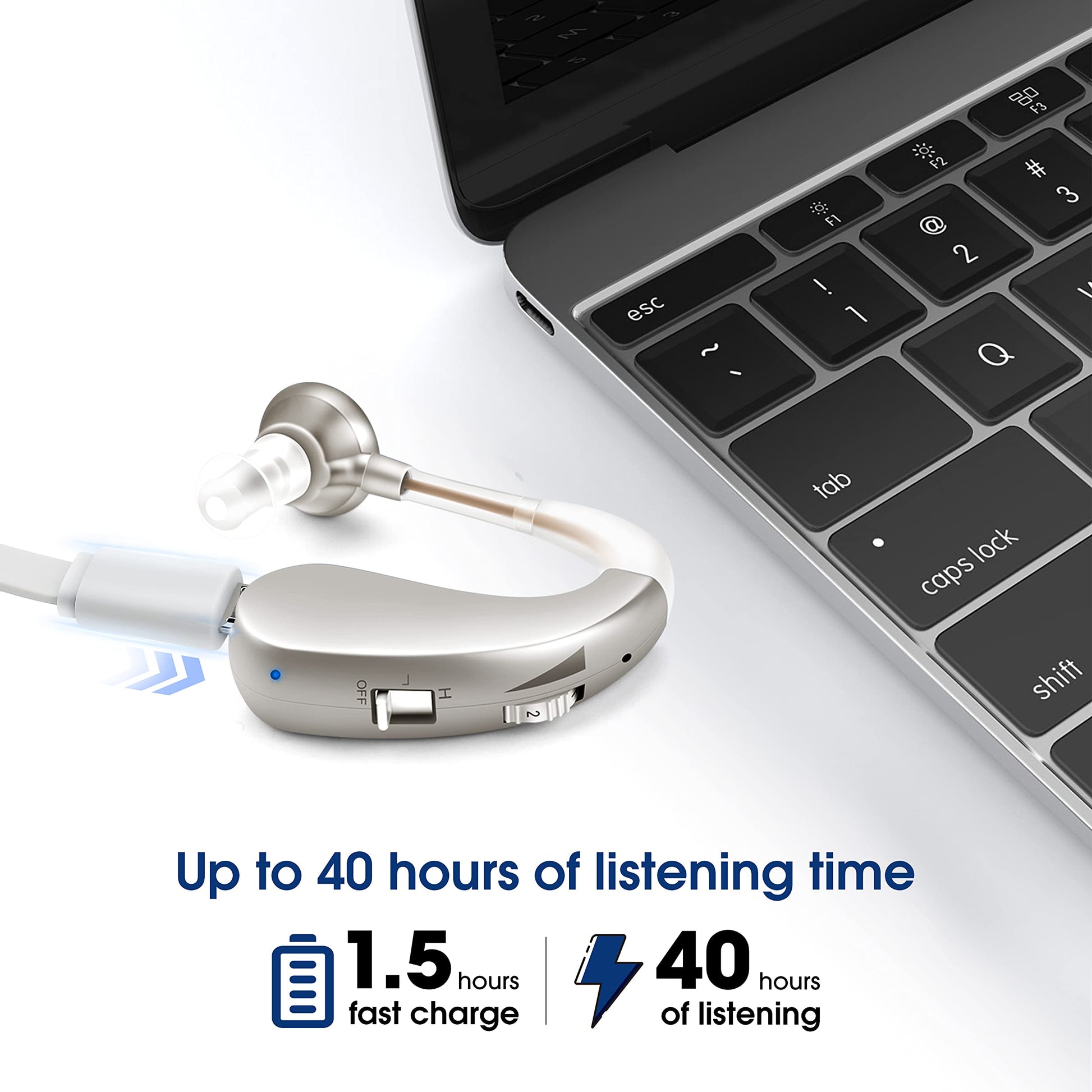 "Discreet hearing aid worn behind ear demonstrating comfortable fit"
