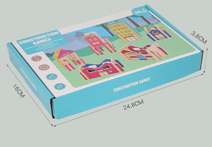 Box of construction games with colorful illustrations and dimensions on a gray background