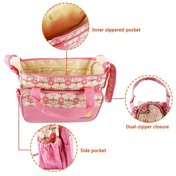 Complete baby diaper bag set including tote bag changing pad and accessories
