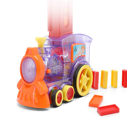 "Green domino train set showing automatic domino placement mechanism"