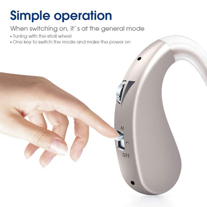 "Comfortable behind-the-ear hearing aid showing ergonomic design and ear hook"