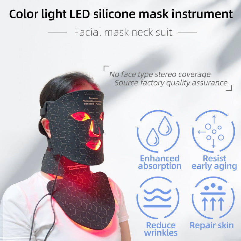 Woman wearing LED face and neck mask for professional anti-aging treatment at home

