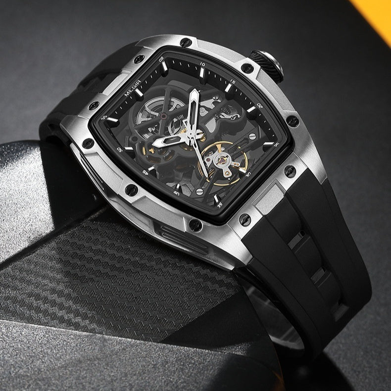 Men's luxury mechanical watch with hollow skeleton design and automatic movement

