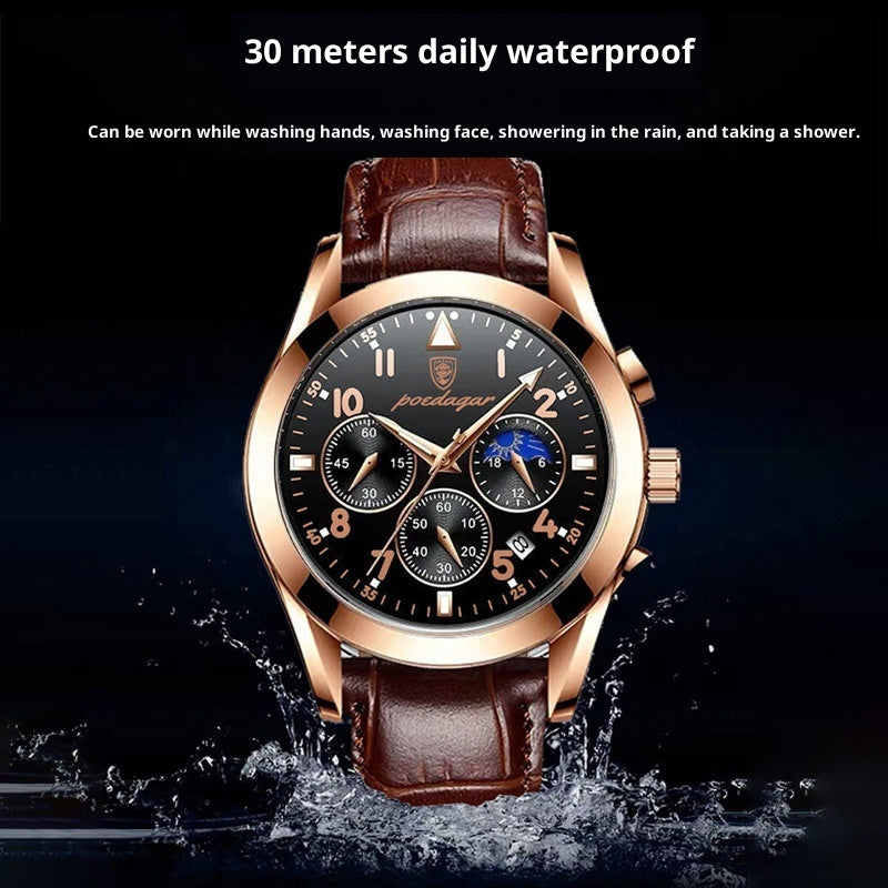Luxury watch with brown leather strap and rose gold case, shown underwater with water droplets.