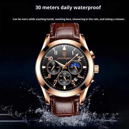 Luxury watch with brown leather strap and rose gold case, shown underwater with water droplets.