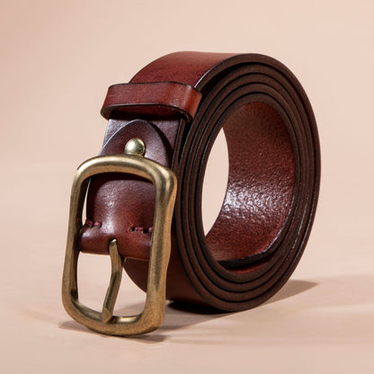 Men's Genuine Leather Belt - Top Grain Cowhide with Retro Brass Buckle