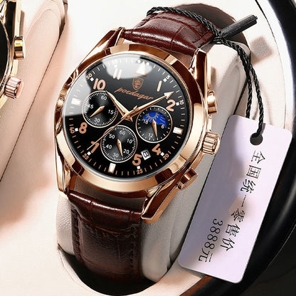 Luxury watch with brown leather strap and rose gold case on display with a tag.