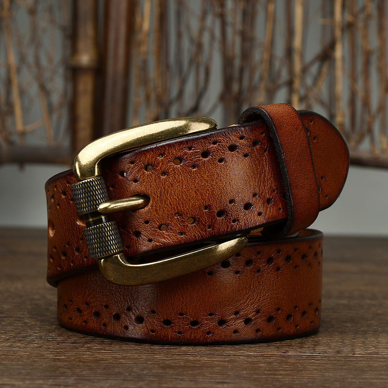 Premium Hollowed-Out Cowhide Leather Belt - Genuine First-Layer Leather