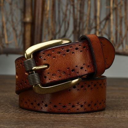 Premium Hollowed-Out Cowhide Leather Belt - Genuine First-Layer Leather