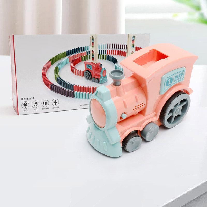 "Domino train toy package showing all pieces and storage container"