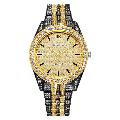 Gold and black watch with diamond-studded band on a white background