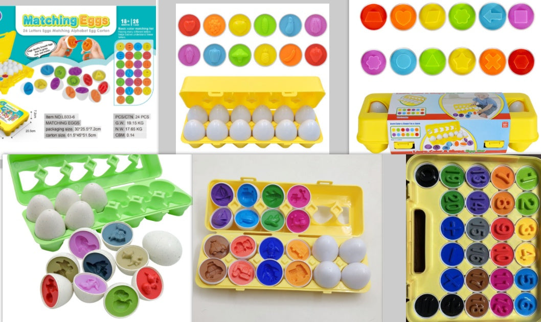 Colorful educational toys for matching and sorting, including an egg-shaped sorting tray and color-coded blocks.