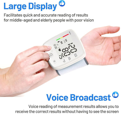 Wrist Blood Pressure Monitor Adjustable Automatic Wrist Cuff Voice Broadcast With 2 Users 180 Memory, Rechargeable Blood Pressure Monitors For Home Use With USB Charging Cable Carrying Case