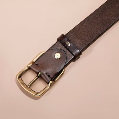 Men's Genuine Leather Belt - Top Grain Cowhide with Retro Brass Buckle