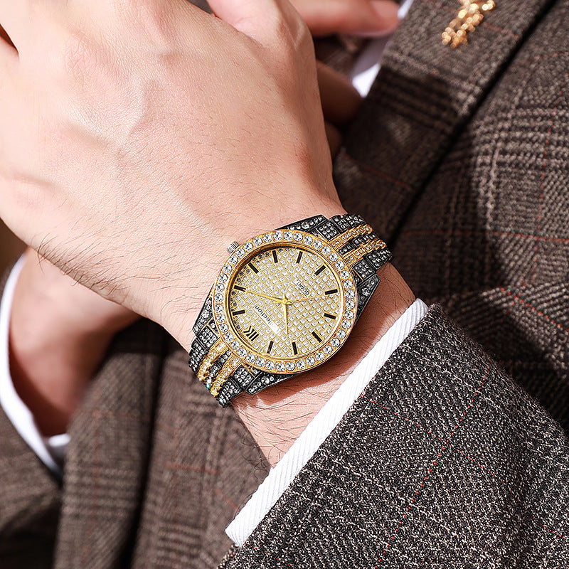 Luxury watch with a gold and black strap worn on a wrist, close-up shot.