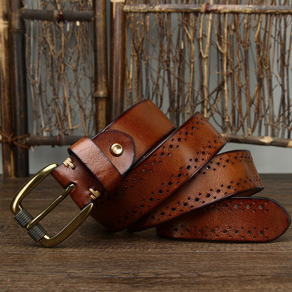 Premium Hollowed-Out Cowhide Leather Belt - Genuine First-Layer Leather