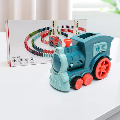 "Domino train toy package showing all pieces and storage container"