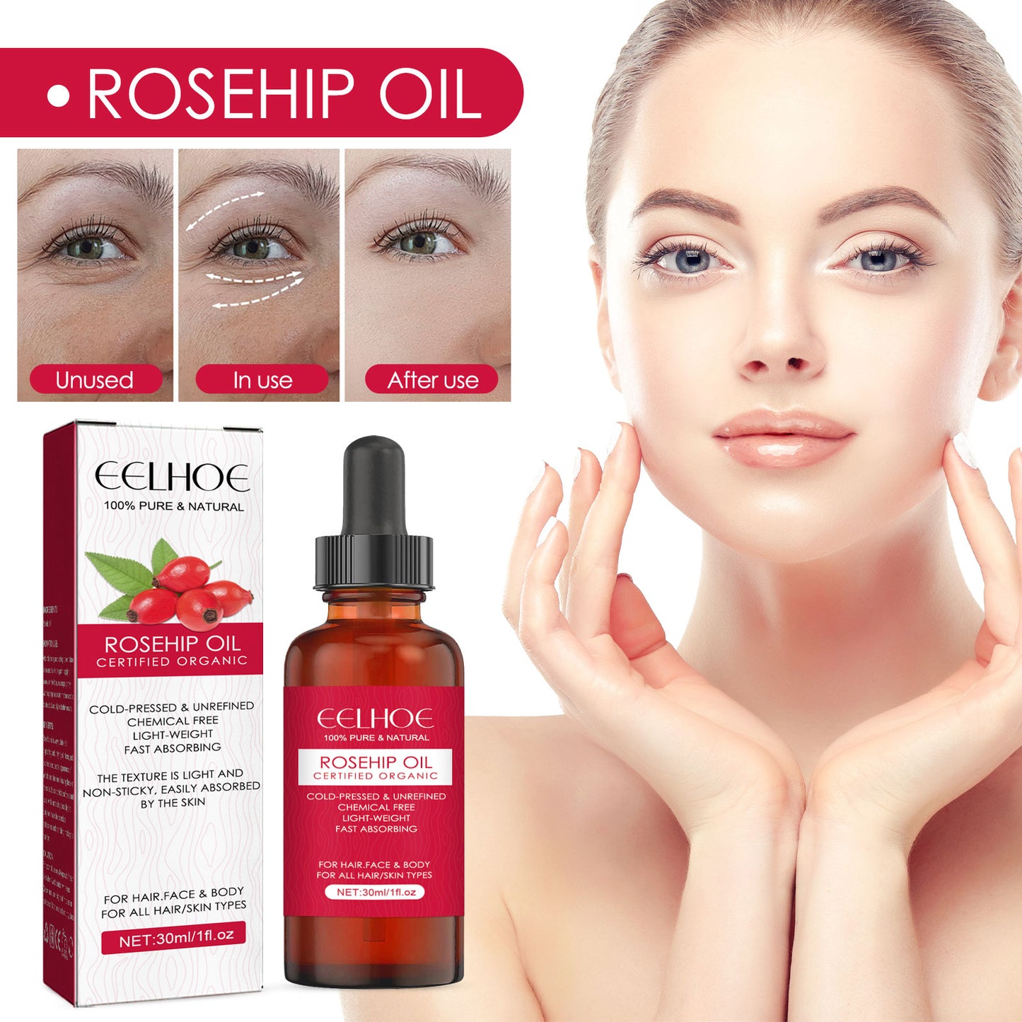 EELHOE Rosehip Facial Oil - Hydrating Multi-Use Oil for Face, Body & Hair