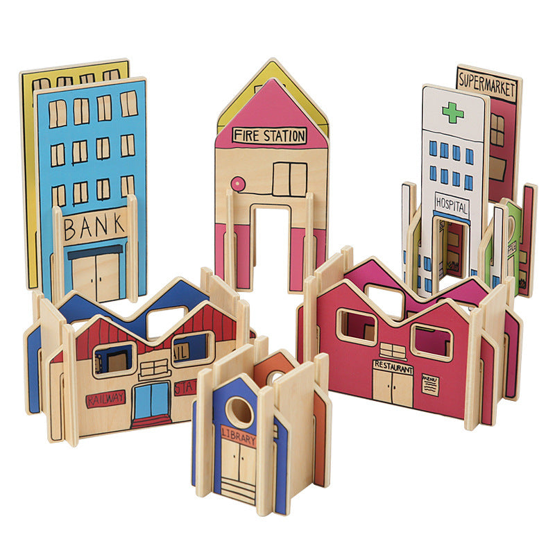 Set of colorful wooden building blocks with different structures on a white background