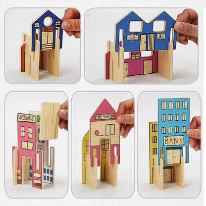 Collage of wooden toy building blocks shaped like different buildings with colorful facades.