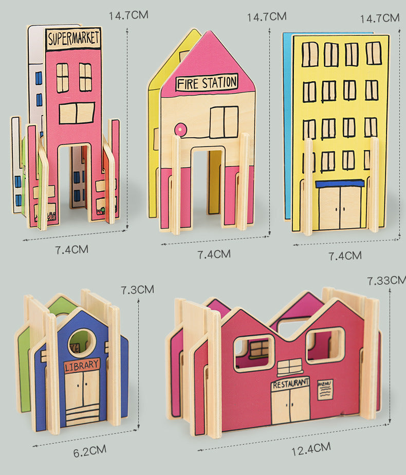 Set of colorful wooden toy buildings with dimensions on a gray background