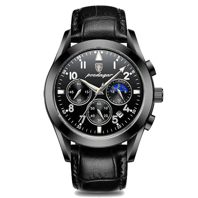 Black watch with multiple sub-dials on a white background