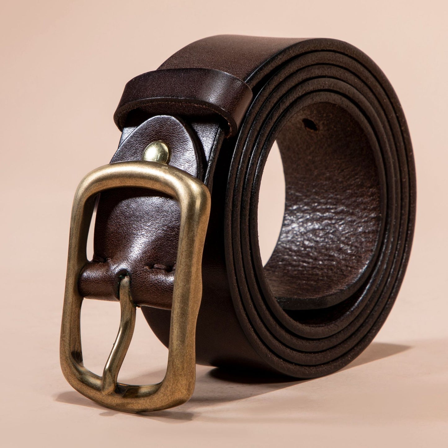 Men's Genuine Leather Belt - Top Grain Cowhide with Retro Brass Buckle