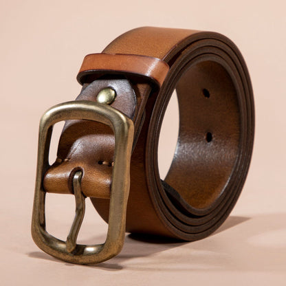 Men's Genuine Leather Belt - Top Grain Cowhide with Retro Brass Buckle
