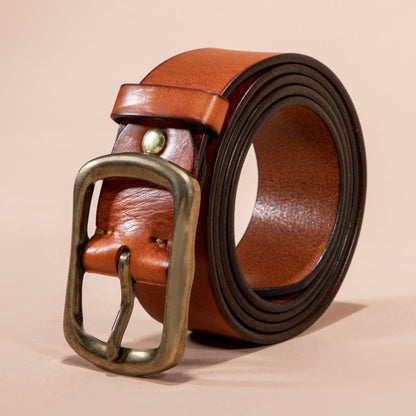 Men's Genuine Leather Belt - Top Grain Cowhide with Retro Brass Buckle